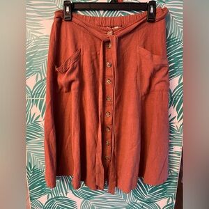 Entro linen button down skirt with front tie and pockets in burnt rust sz s